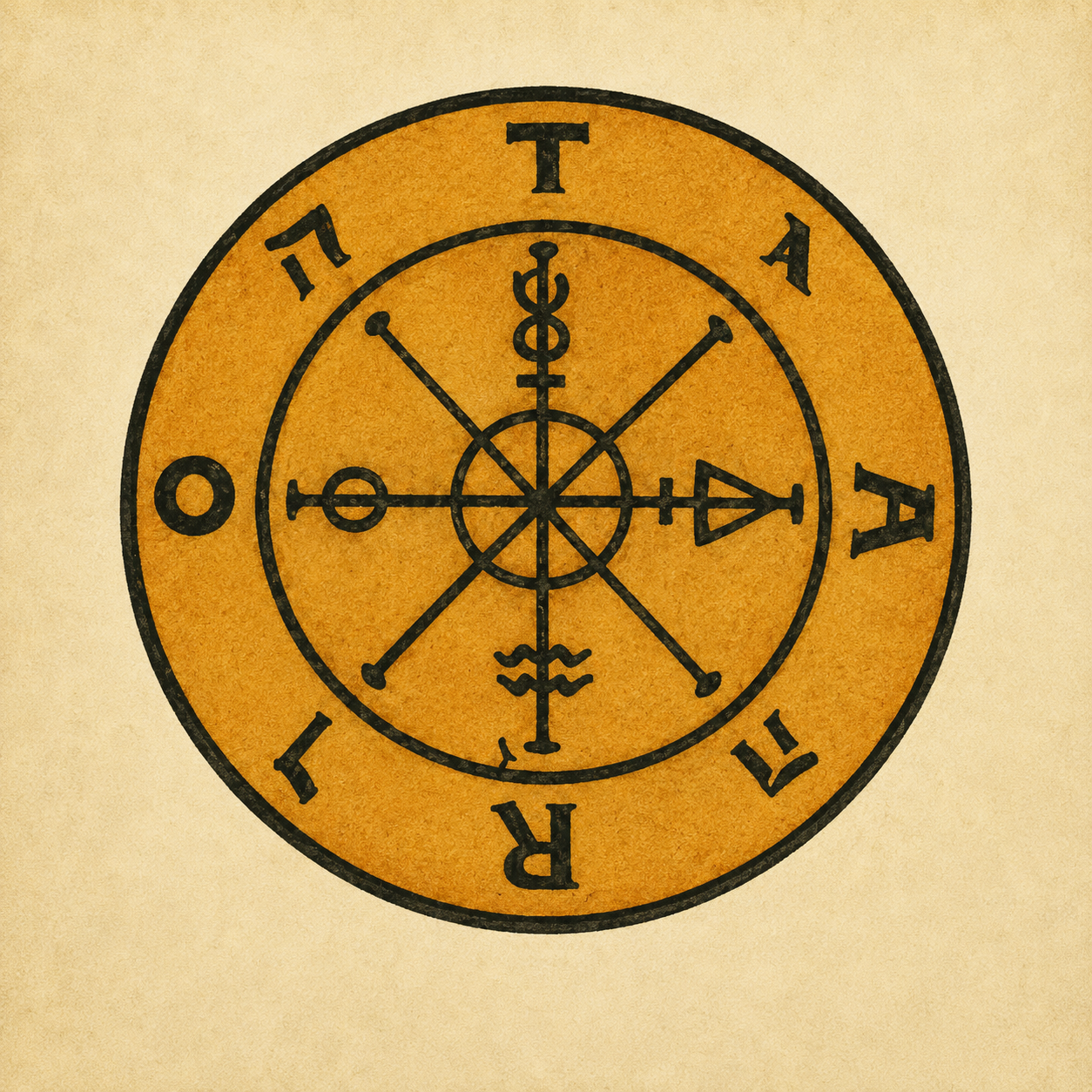 A golden circular tarot symbol with alchemical markings