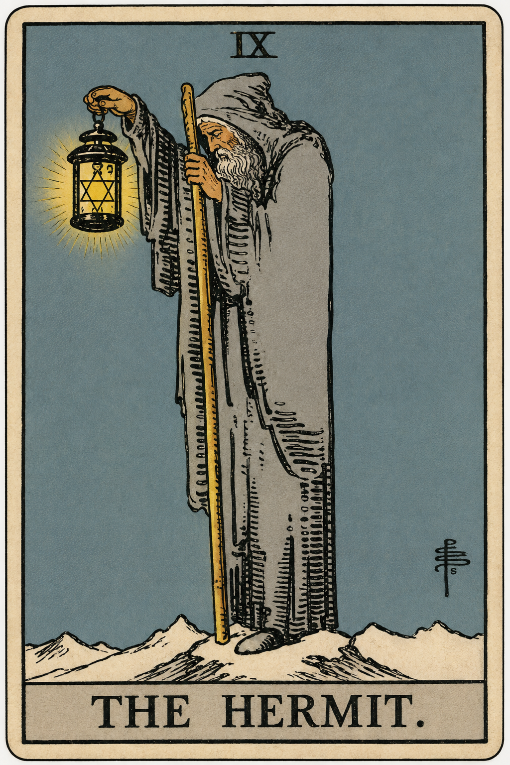 The Hermit tarot card, holding a lantern on a mountain